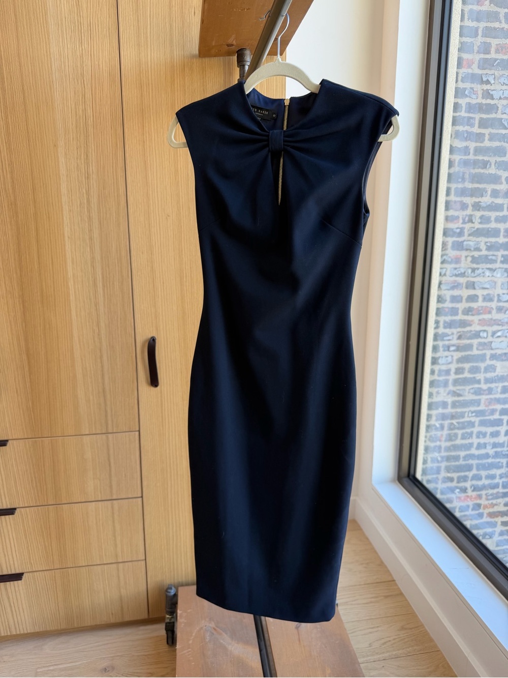 Theory Sleeveless Black Sheath Dress with Front Knot Detail